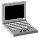 a silver-gray laptop computer with a black screen that fills with small white text.